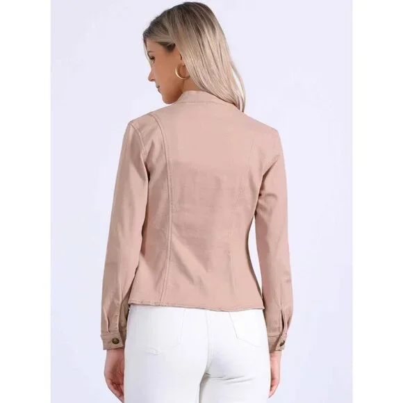 Women's Casual Denim Jacket Classic Stand Collar Long Sleeve Jean Jacket Pink - Picture 2 of 5